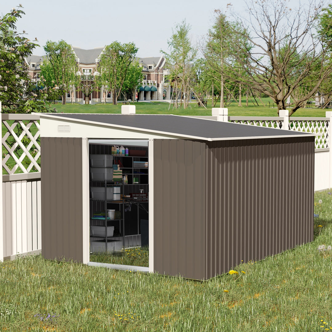 11 x 9 ft Metal Garden Storage Shed Sloped roof Tool House with Double Sliding Doors and 2 Air Vents