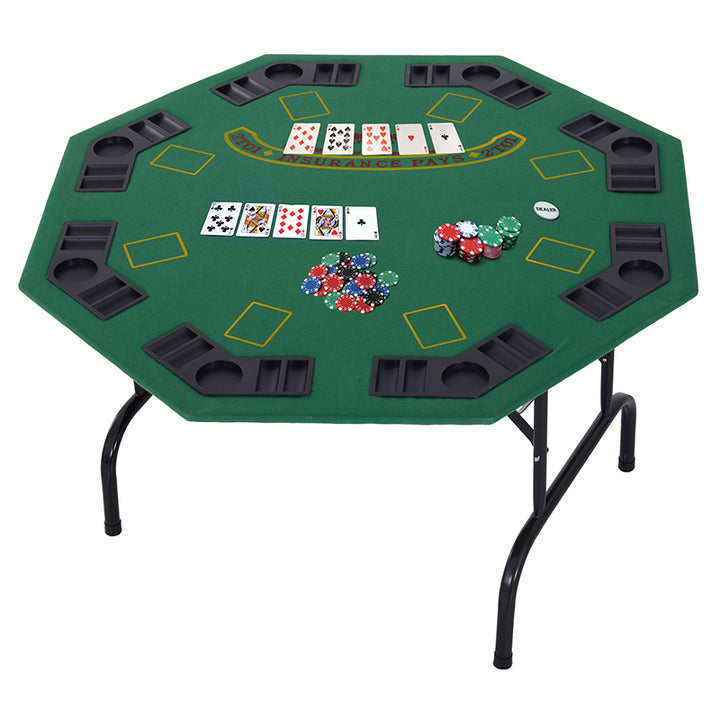 8 Player Folding Games Poker Table w/ Chip Cup Holder Steel Base Felt Top Octagon Blackjack Adult Family Friends Green