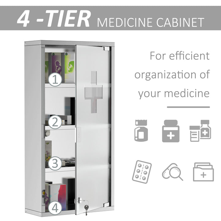 Wall-Mounted Medicine Cabinet: 4 Tier Lockable Glass Door