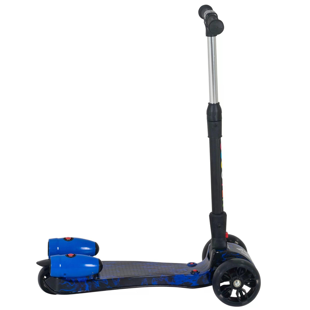 Kids 3 Wheel Kick Scooter Adjustable Height w/ Flashing Wheels Music Water Spray Foldable Design Cool On Off Road Vehicle Blue