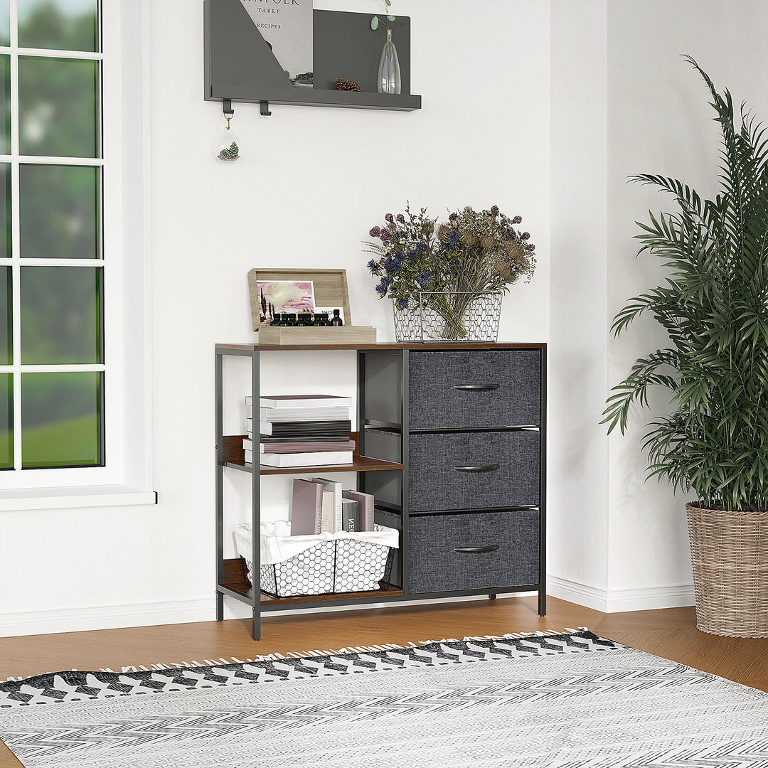 Storage Dresser: 3 Fabric Drawers & 2 Display Shelves in Black for Living Room & Bedroom