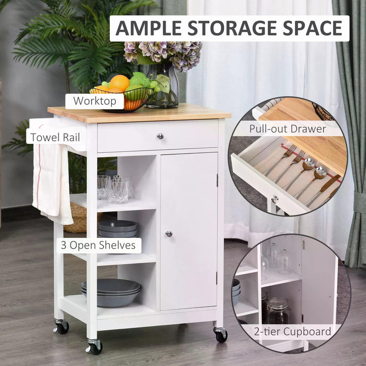 Kitchen Storage Trolley Unit w/ Wood Top 3 Shelves Cupboard Drawer Rail 4 Wheels Handles Moving Shelf Handy Spacesaver White