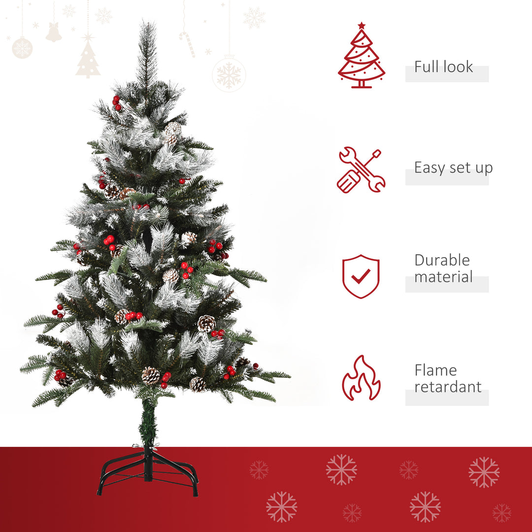 4FT Artificial Snow Dipped Christmas Tree Xmas Pencil Tree Home Party Decoration w/ Foldable Feet Berries & Pinecones