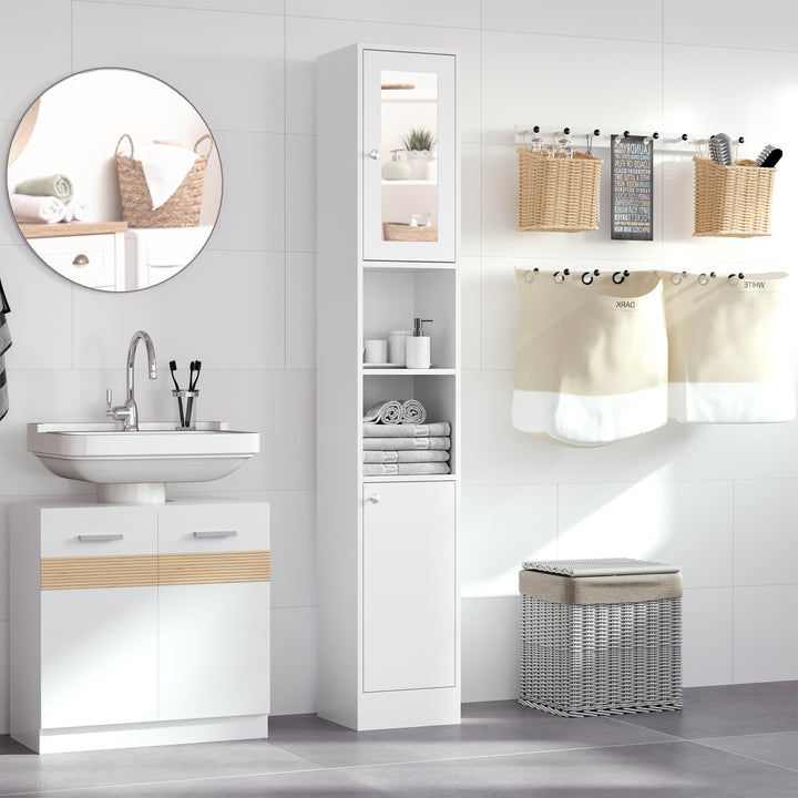 kleankin Free Standing Bathroom Cabinet with Mirror, Tallboy Unit with Adjustable Shelves, 30W x 28D x 180Hcm, White Aosom UK