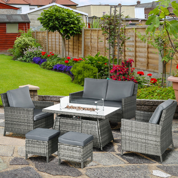 6-Seater Rattan Garden Furniture Set w/ Gas Fire Pit Table