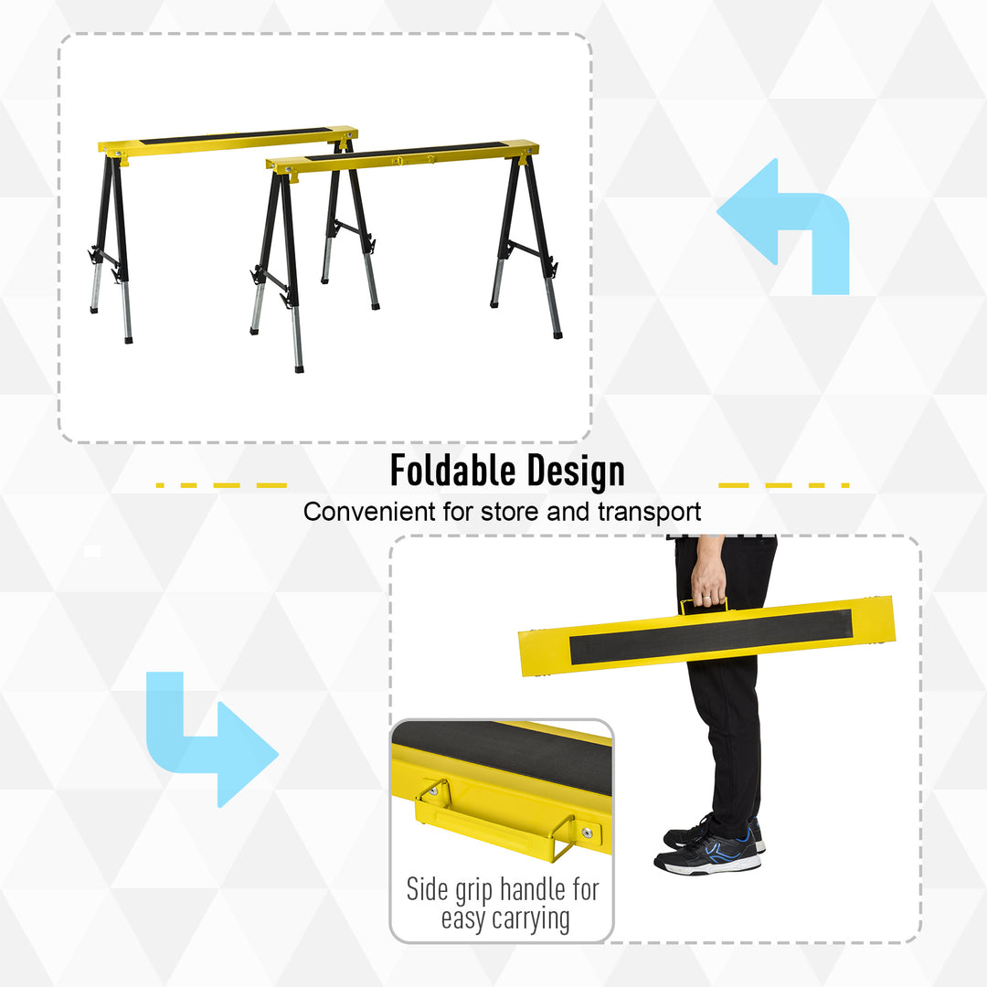 2PCS Saw Horse Twin Pack Folding Workbench Adjustable Metal Trestle Stands with Non-slip EVA Surface for Sawing Work Max Load 100kg