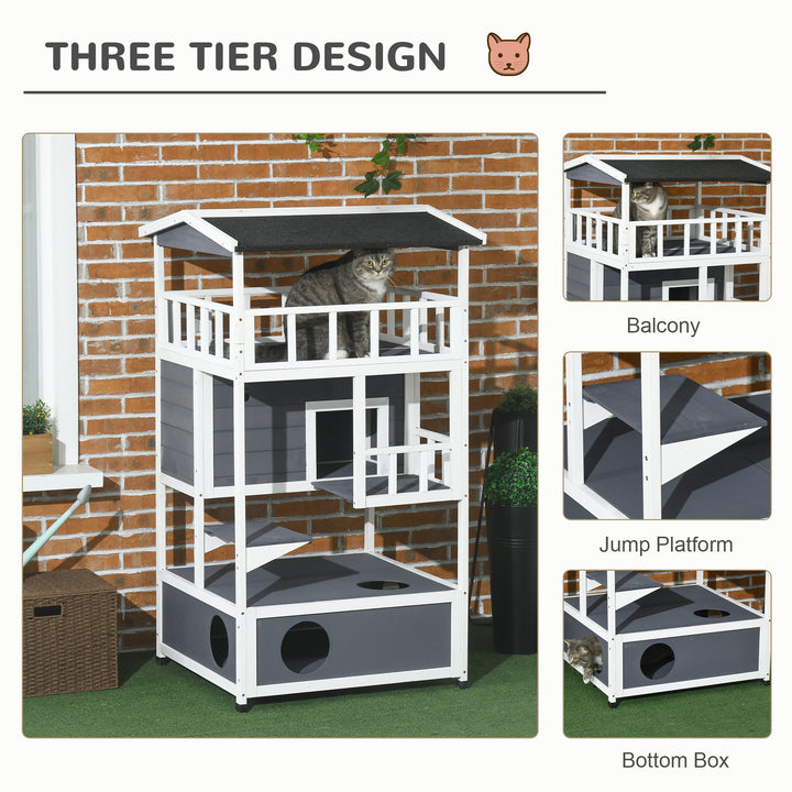 Cats Fir Wood 3-Tier Waterproof Play House Grey