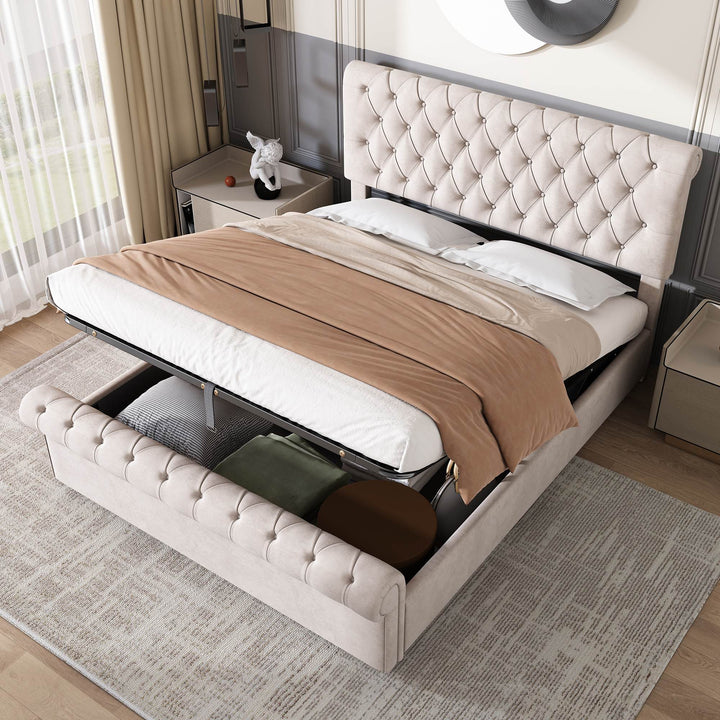 Double Luxurious Velvet Upholstered Bed with Button-Tufted Sleigh Design and Hidden Storage