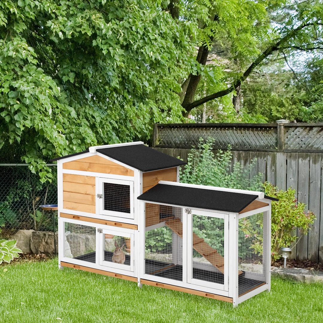 2-Tier Rabbit Hutch Wooden Guinea Pig House Pet Cage Outdoor w/ Sliding-out Tray Ramp