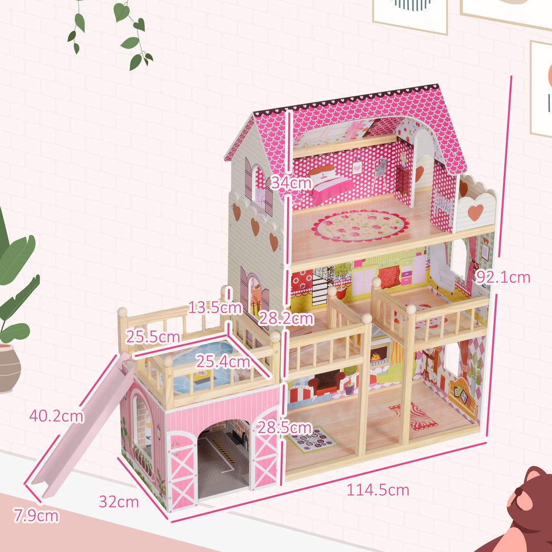 3 Storey Dolls House Play Set with 13 Pieces Wooden Furniture and Accessories for 3-6 Years