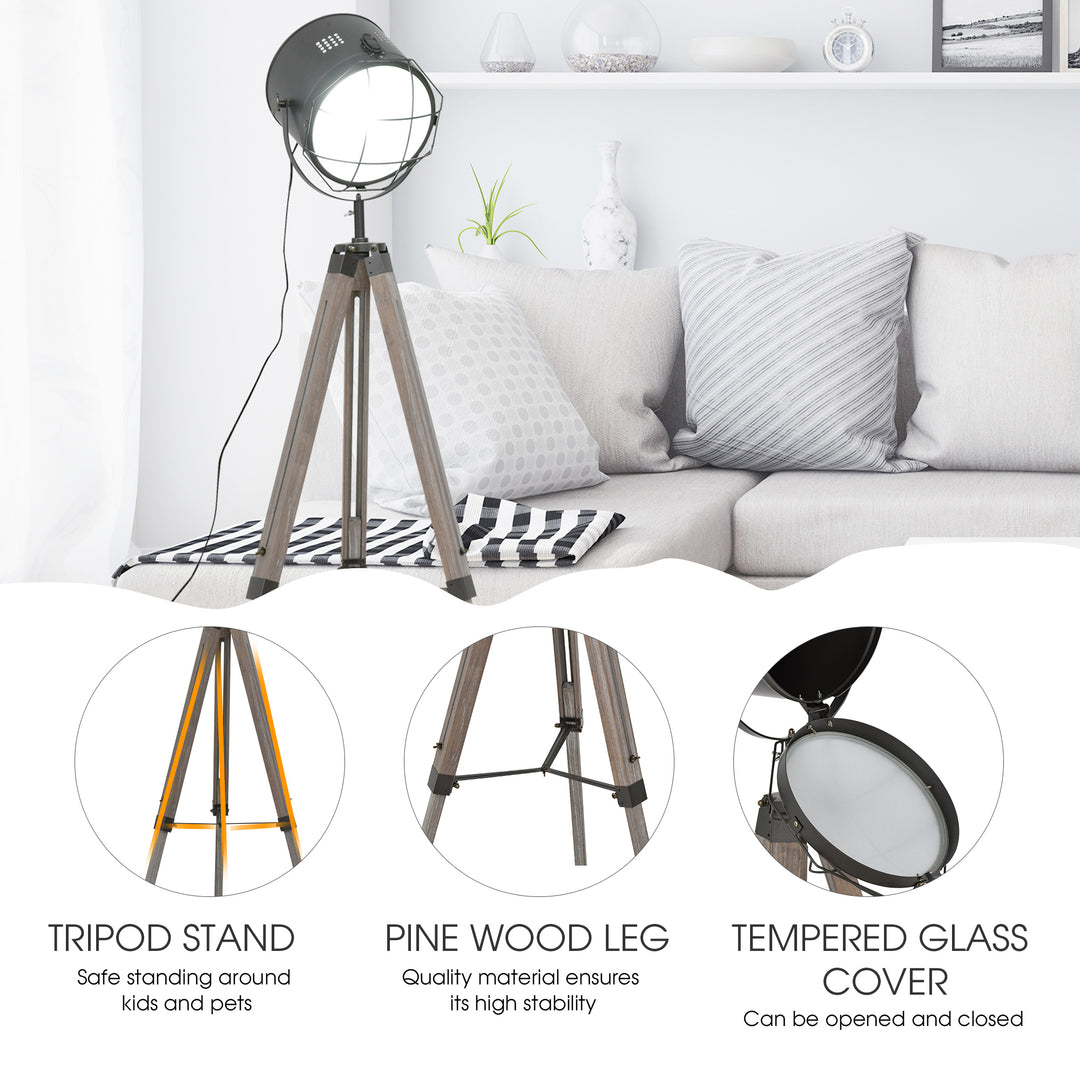 Tripod Floor Lamp: Industrial Vintage Spotlight with Wooden Legs for Living Room & Bedroom