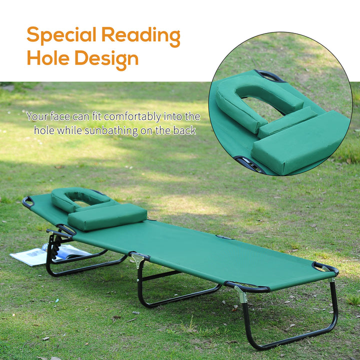 Foldable Outdoor Sun Lounger Adjustable Backrest Reclining Chair with Pillow and Reading Hole Garden Beach