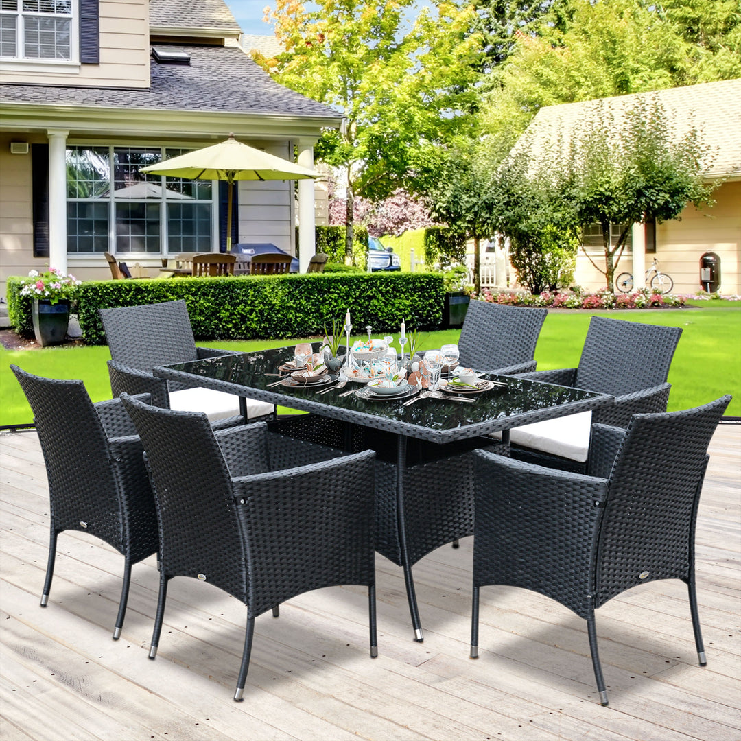 6-Seater Rattan Dining Set Garden Furniture Patio Rectangular Table Cube Chairs Outdoor Fire Retardant Sponge Black