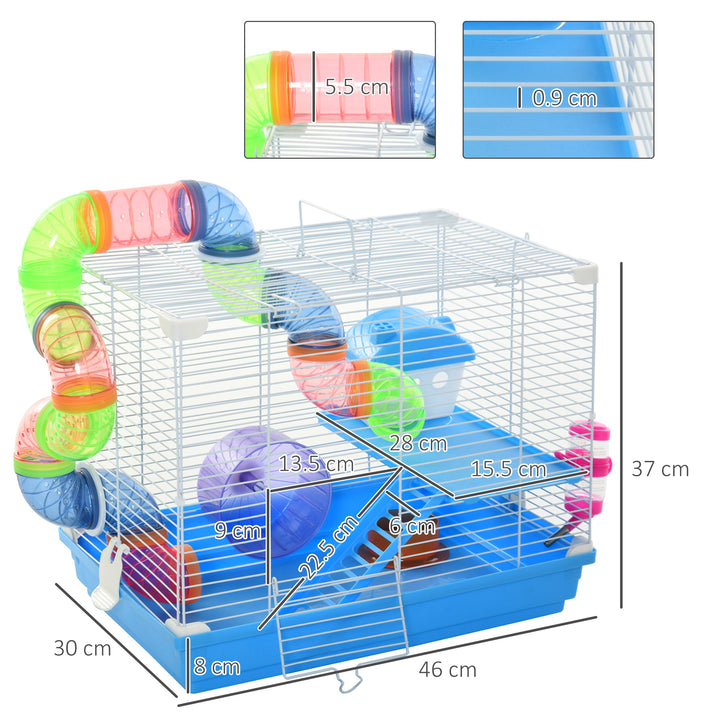 2 Tier Hamster Cage Carrier Habitat Small Animal House with Exercise Wheels Tunnel Tube Water Bottle Dishes for Dwarf Mice