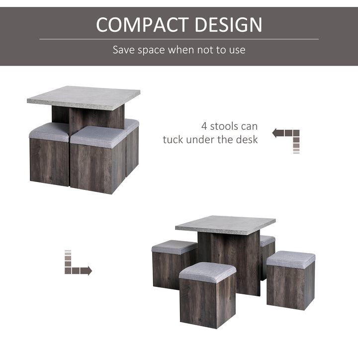 5PC Dining Set Garden Patio Wooden Set 4 Storage Stools Footrest Ottoman with Cushions + 1 Table Space Saving Design Indoor Outdoor