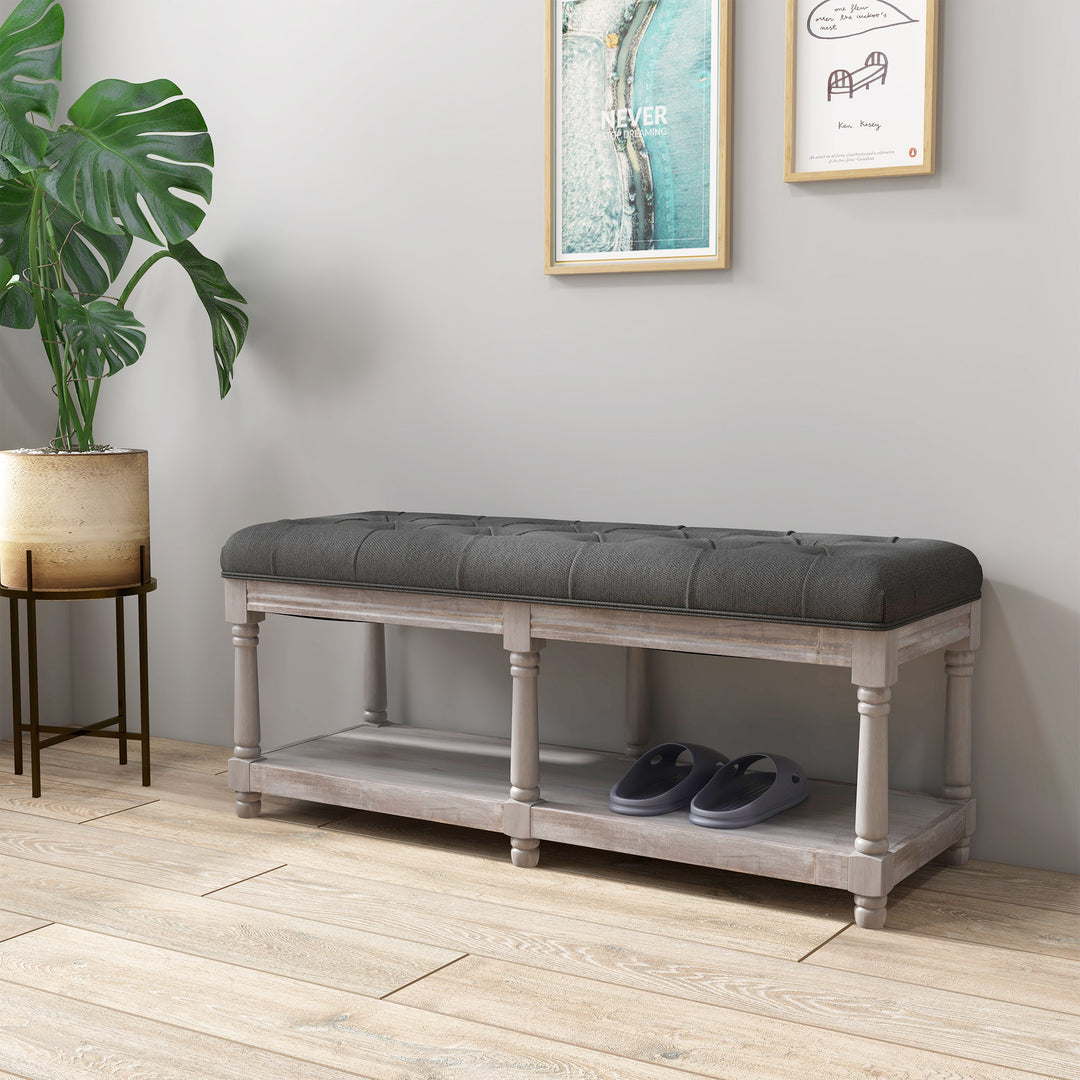 Hallway Haven: Vintage Shoe Bench with Tufted Cushion