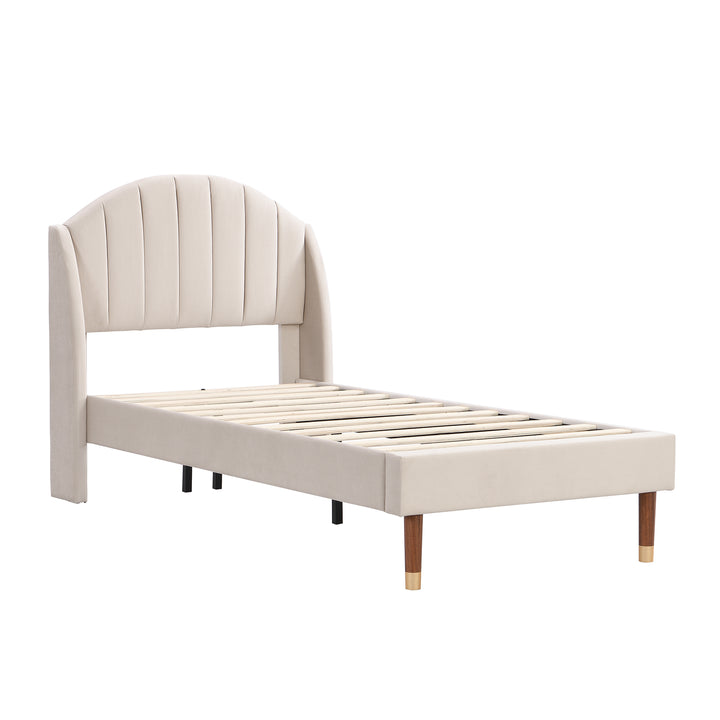 Single Velvet Fabric Upholstered Bed with Slatted Frame and Headboard