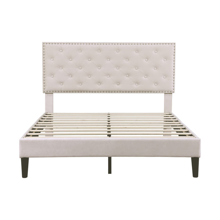 Velvet Upholstered Double Bed Frame with Adjustable Button-Tufted Headboard