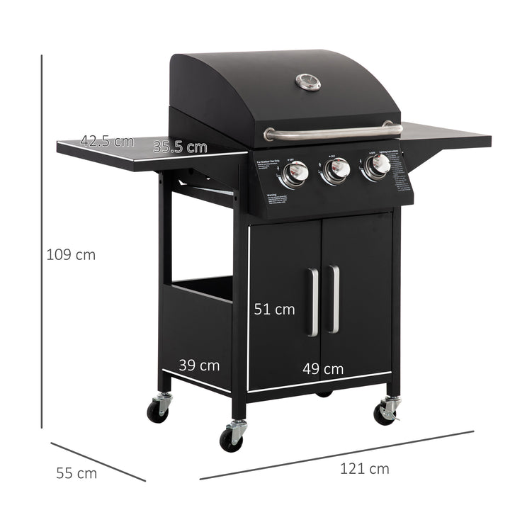 3 Burner Gas BBQ Grill Outdoor Portable Barbecue Trolley w/ Warming Rack