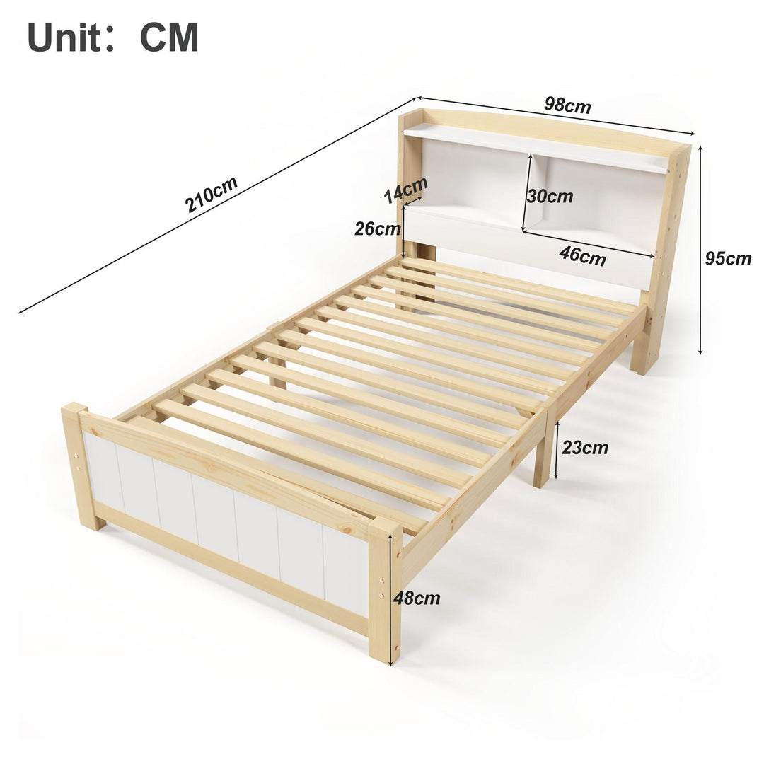 Solid Wooden Single Bed Frame with Storage Headboard