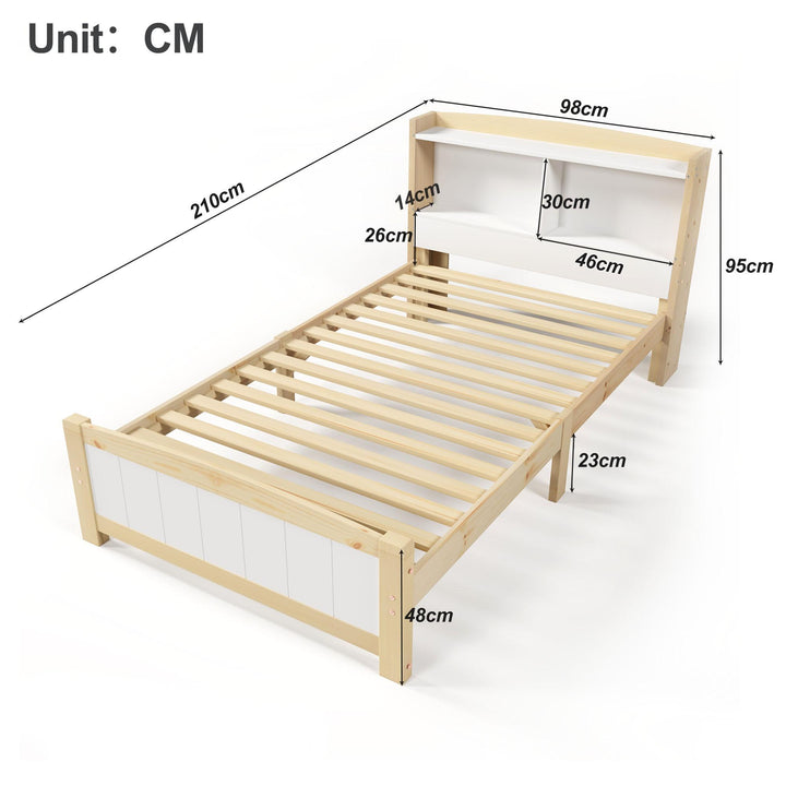 Solid Wooden Single Bed Frame with Storage Headboard