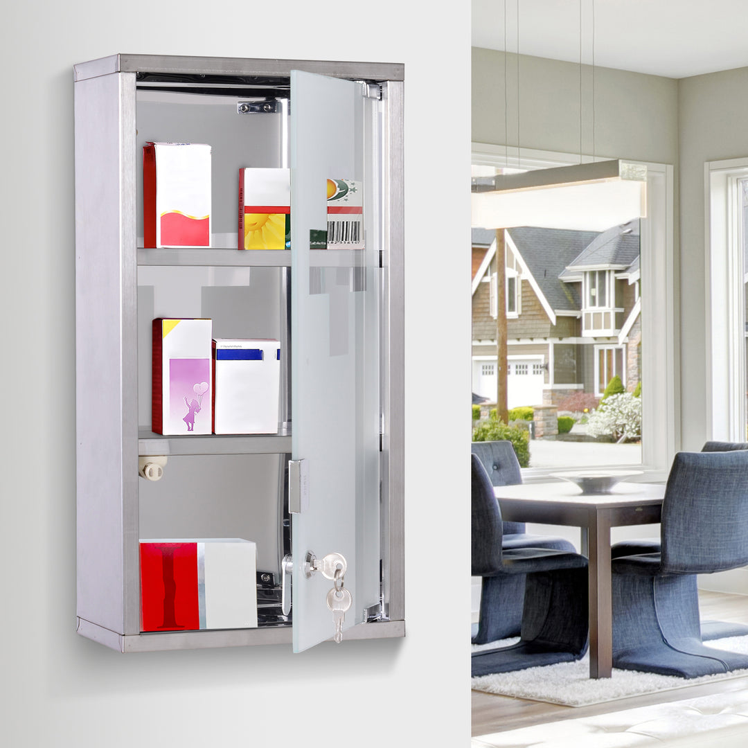 Lockable Medicine Cabinet: Stainless Steel Wall-Mounted Unit with 2 Shelves & Security Glass Door