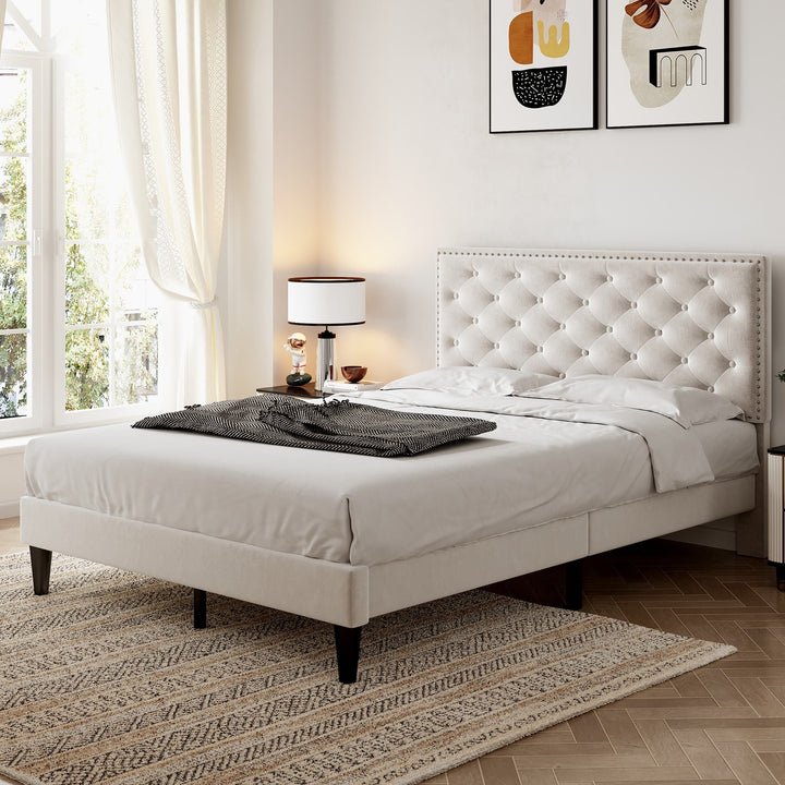 Upholstered Velvet Bedstead with Button-Tufted Headboard