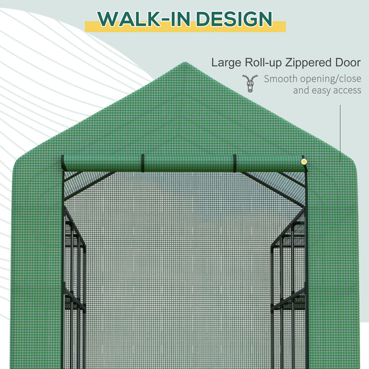 Poly Tunnel Steeple Walk in Garden Greenhouse with Removable Cover Shelves - Green 244 x 180 x 210cm