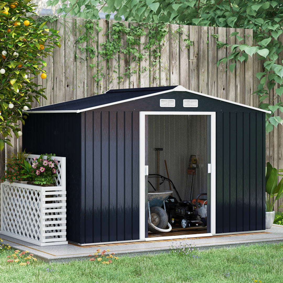 9 x 6FT Outdoor Garden Roofed Metal Storage Shed Tool Box with Foundation Ventilation & Doors