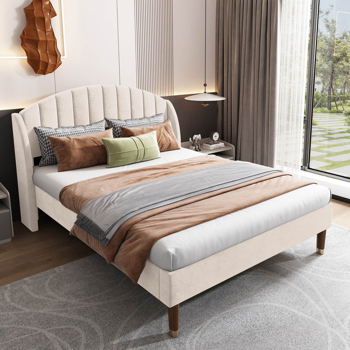 Double Velvet Fabric Upholstered Bed with Slatted Frame and Headboard