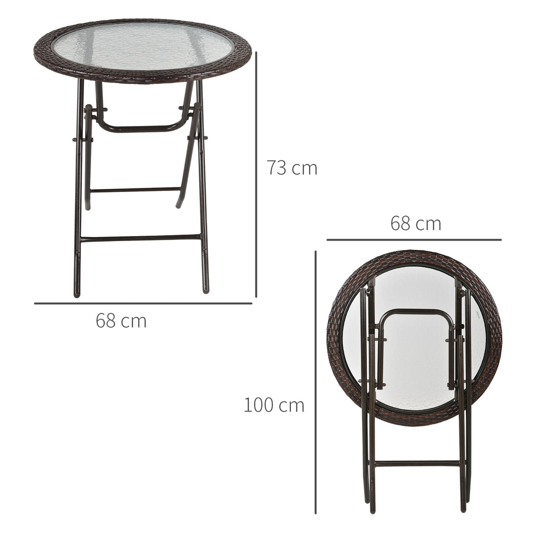 Folding Round Tempered Glass Metal Table with Brown Rattan Edging