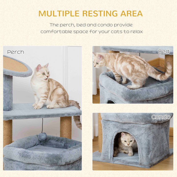 Cat Tree Tower Kitten Activity Center with Scratching Posts Pad Condo Perch Bed Interactive Ball Toy 48 x 48 x 84cm