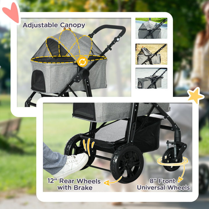 2-In-1 Design No-Zip Pet Stroller Detachable Bag Travel Trolley w/ Shock-absorbing System Brake Basket Adjustable Handlebar