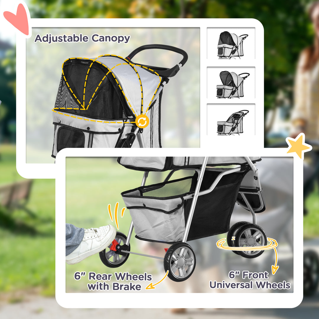 Dog Stroller Pet Travel Stroller Cat Dog Pushchair Trolley Puppy Jogger Carrier Three Wheels (Grey)