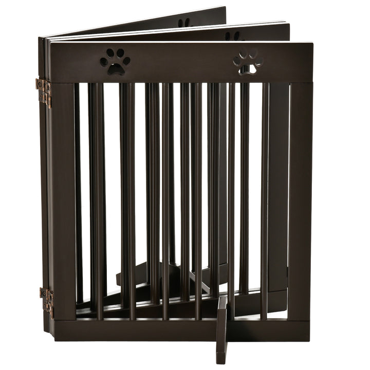 Freestanding Pet Gate 4 Panel Wooden Dog Barrier Folding Safety Fence with Support Feet up to 204cm Long 61cm Tall for Doorway Stairs Brown