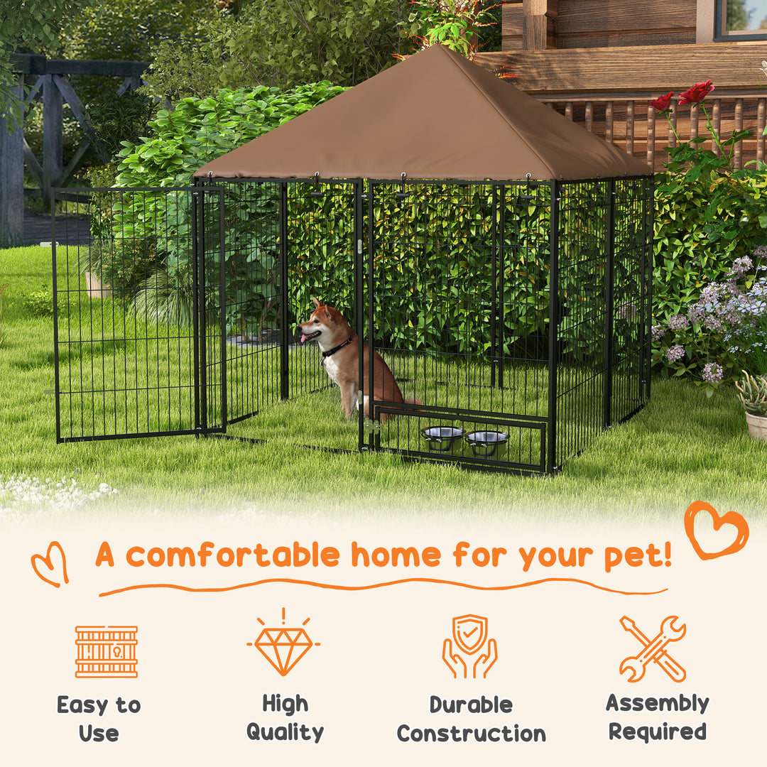 Outdoor Dog Kennel Puppy Play Pen with Canopy Garden Playpen Fence Crate Enclosure Cage Rotating Bowl 141 x 141 x 151 cm