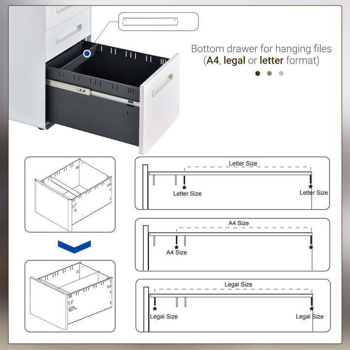 Vinsetto Fully Assembled 3-Drawer Mobile File Cabinet Lockable All-Metal Rolling Vertical File Cabinet White