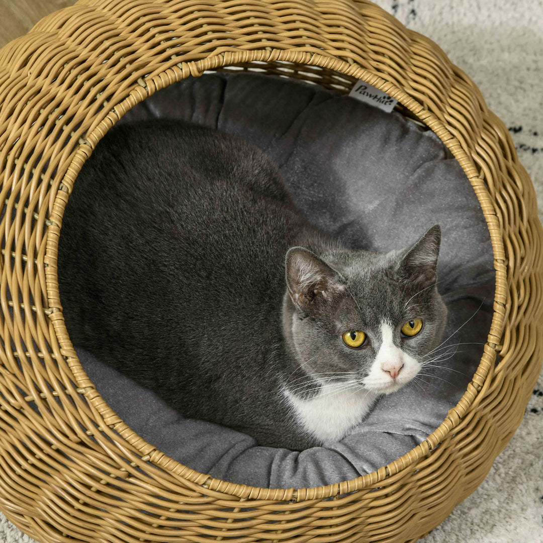 Wicker Cat House with Washable Cushion for Indoor Cats