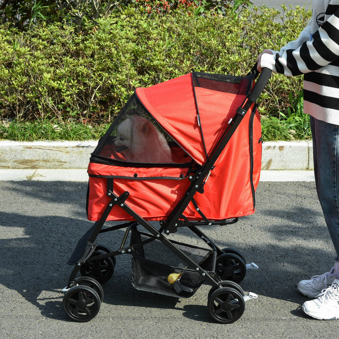 Pet Stroller Dog Travel Pushchair Foldable Jogger with Reversible Handle EVA Wheel Brake Basket Adjustable Canopy Safety Leash Red