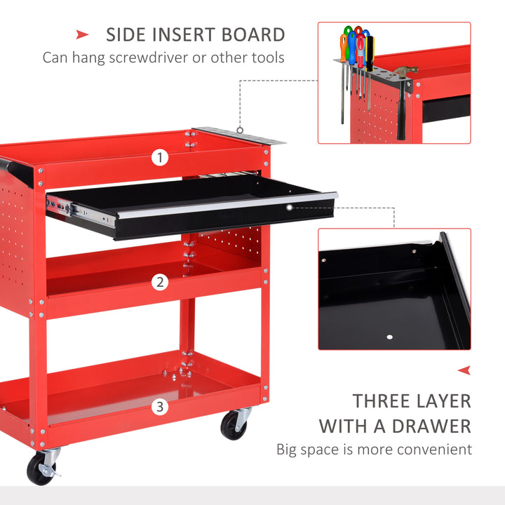 3-Tier Tool Trolley Cart Storage Shelf Roller Cabinet DIY Box Garage Workshop with Drawer Red