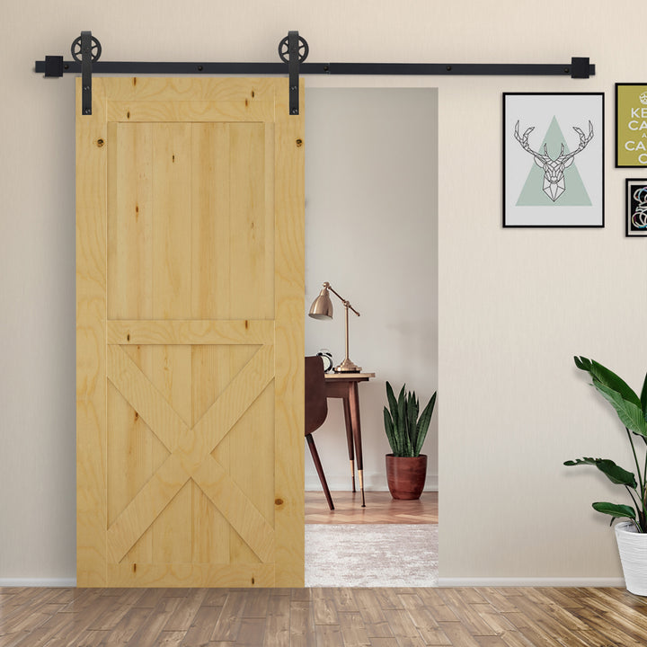 6.6 FT/ 2000mm Carbon Steel Sliding Barn Door Kits Hardware Closet Set Track System for Single Wooden Door Industrial Wheel Roller