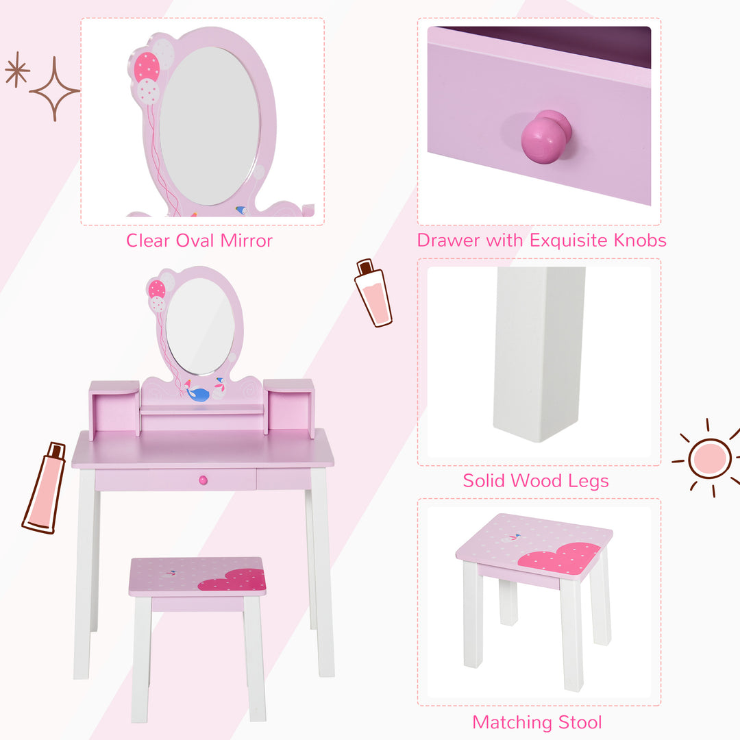 2 PCS Kids Wooden Dressing Table & Stool Girls Vanity Table Makeup Table Set w/ Mirror Drawers Role Play for Toddlers 3 Year+