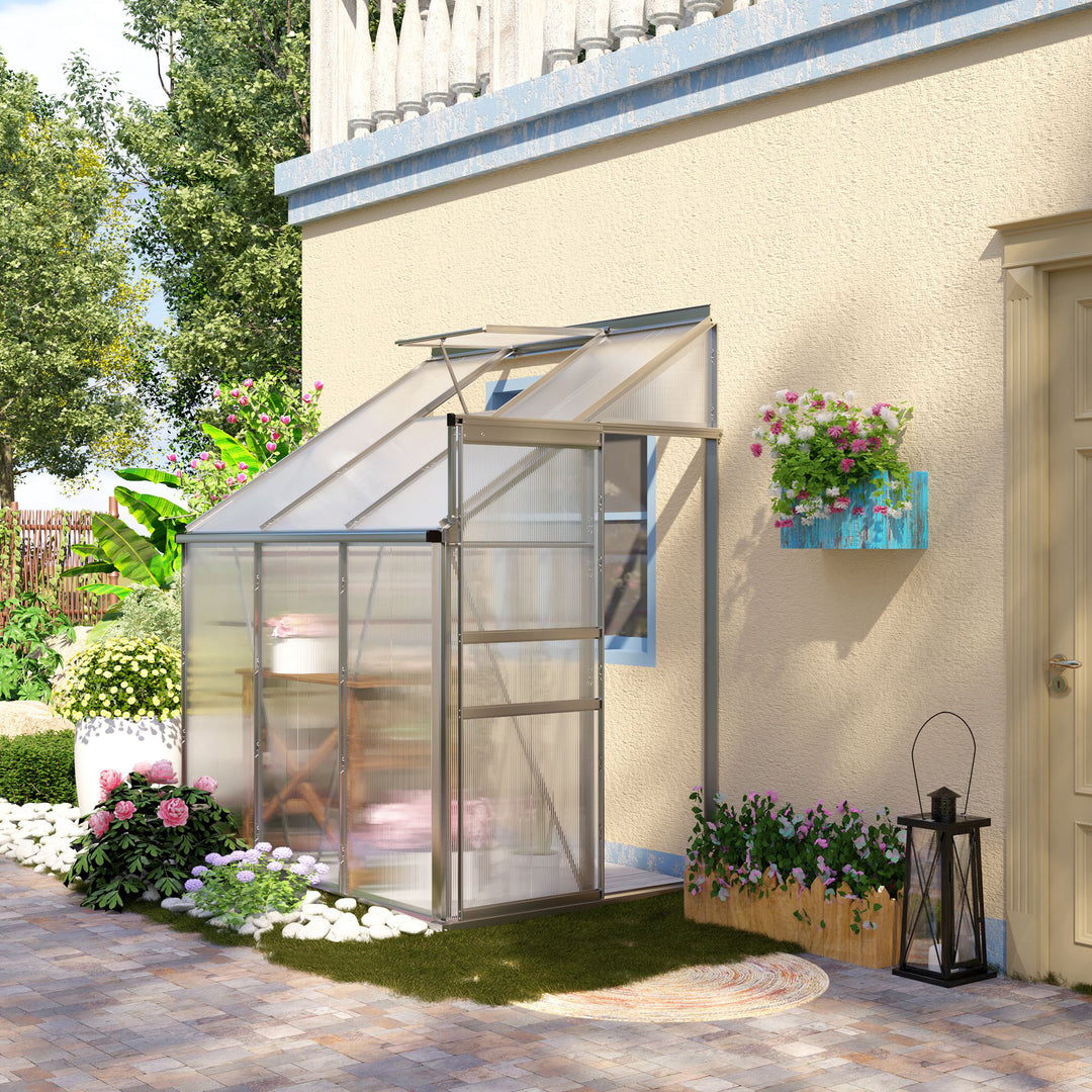 Walk-In Greenhouse Lean to Wall Polycarbonate Garden Greenhouse with Adjustable Roof Vent