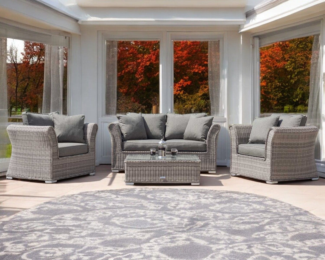 2 Seater Rattan Conservatory Sofa & Armchair Set in Grey - Lisbon - Rattan Direct