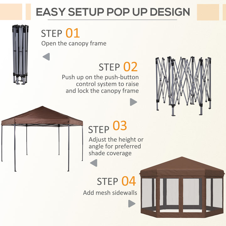 3x3.5m Hexagonal Pop Up Gazebo Party Canopy Height Adjustable Tent Sun Shelter w/ Mosquito Netting Zipped Door