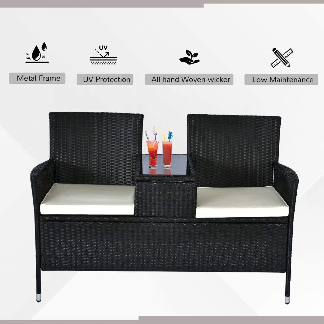 2 Seater Rattan Campanion Chair Wicker Loveseat Outdoor Patio Armchair with Drink Table Garden Furniture - Black