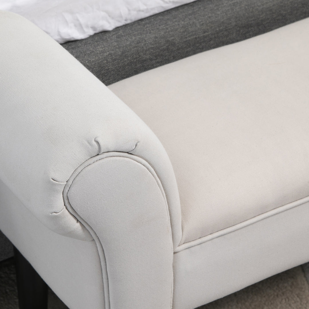 Small Linen Upholstered Ottoman Bench with Rolled Arm End