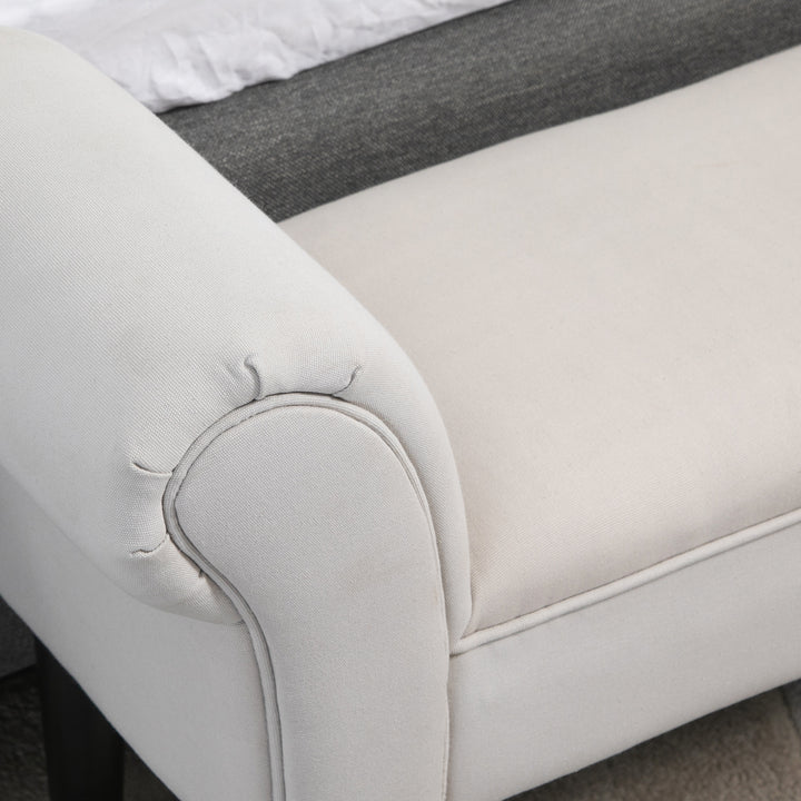 Small Linen Upholstered Ottoman Bench with Rolled Arm End