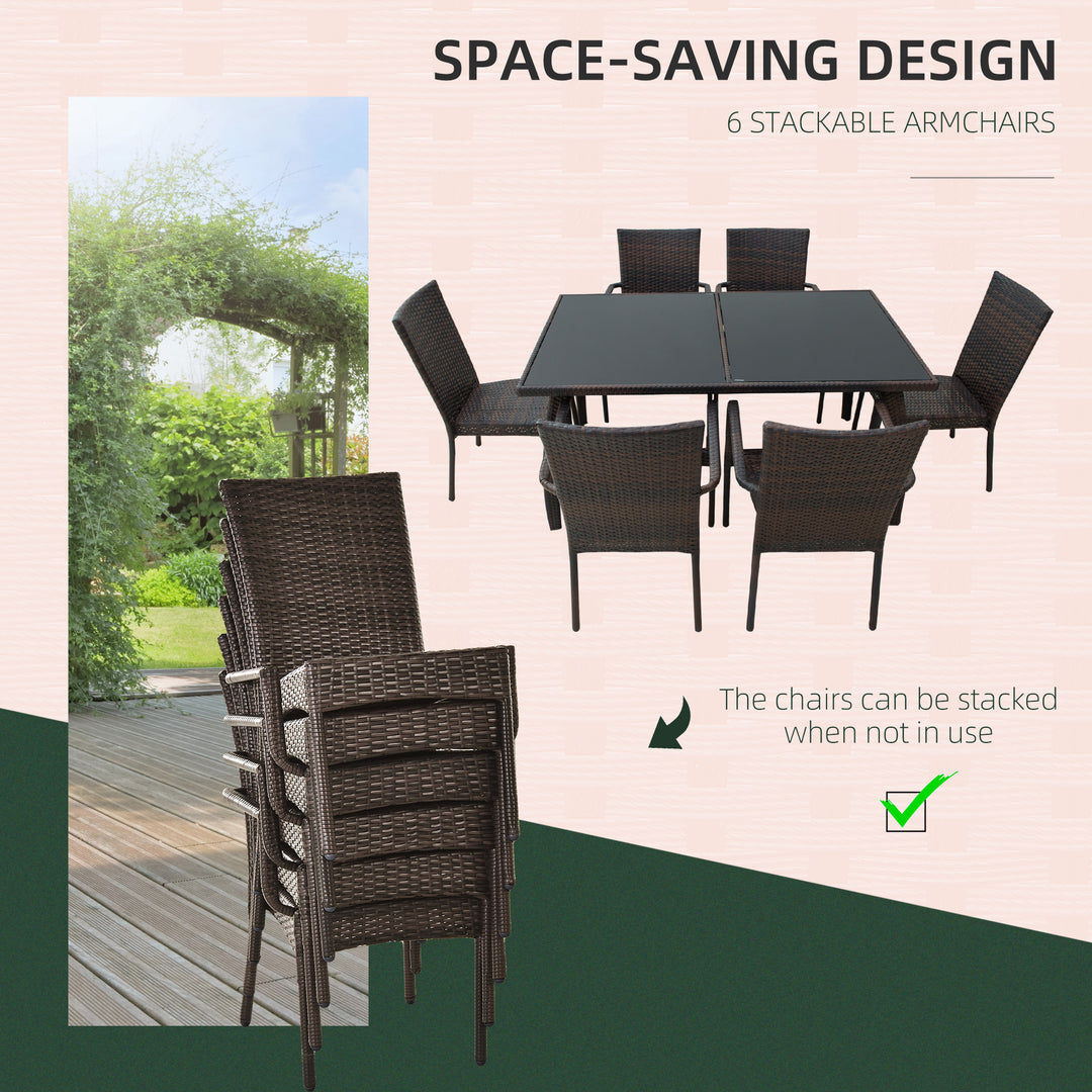 6-Seater Rattan Dining Set 6 Wicker Weave Chairs & Tempered Glass Top Dining Table 6 Seater Outdoor Backyard Garden Furniture