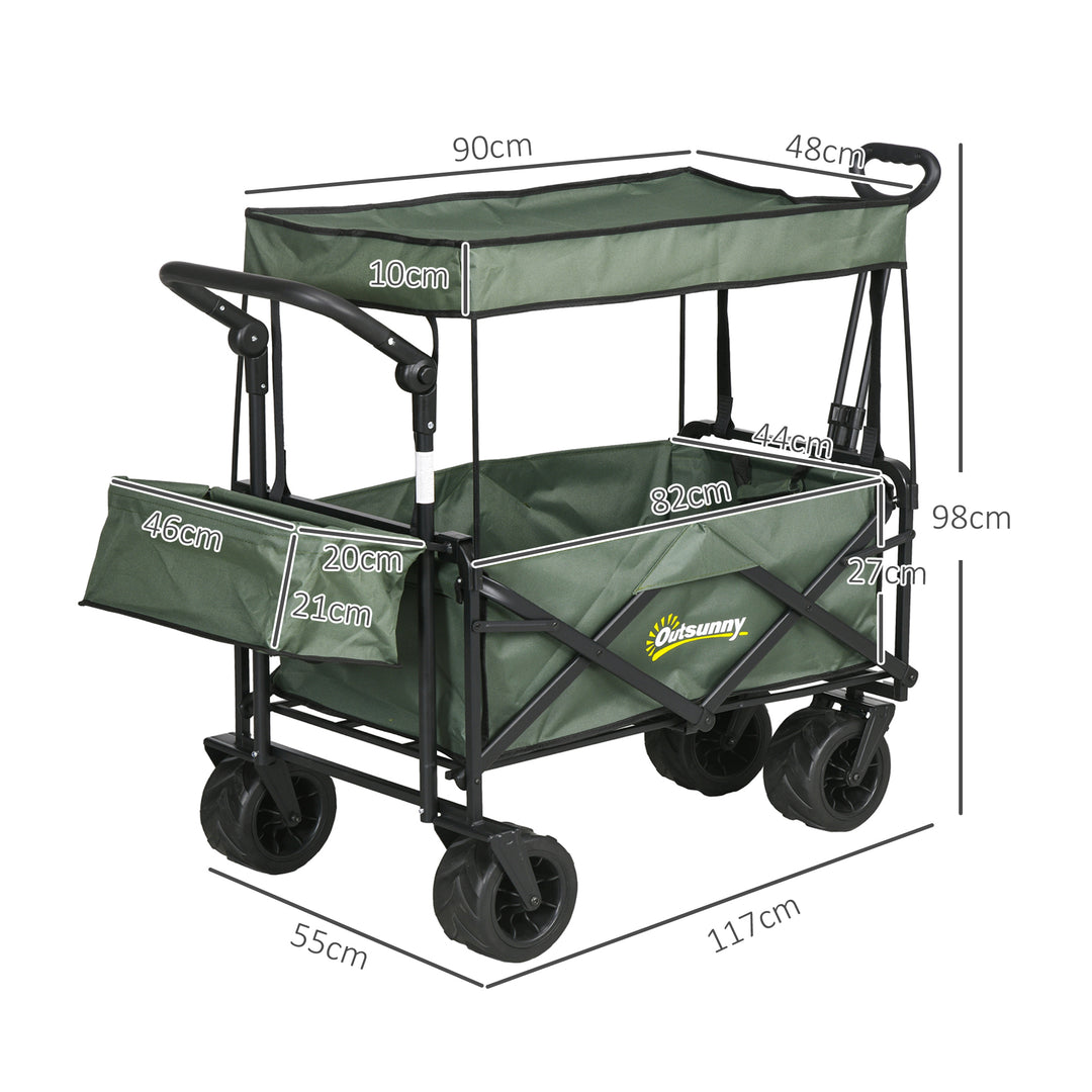 Folding Trolley Cart Storage Wagon Beach Trailer 4 Wheels with Handle Overhead Canopy Cart Push Pull for Camping